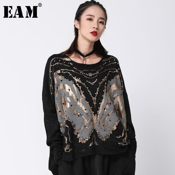

eam] 2019 new spring black patchwork loose full sleeve o collar pullover women fashion tide beading sweater oa872, White;black