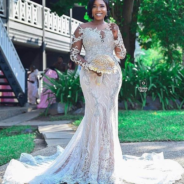 

2020 luxurious shiny beaded african mermaid wedding dresses lace sheer neck bridal dresses long sleeves vintage wedding gowns, White