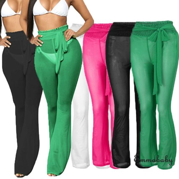 

women see through beach mesh sheer wide leg pants high waist bikini cover up sashes party club chiffon solid pants, Black;white