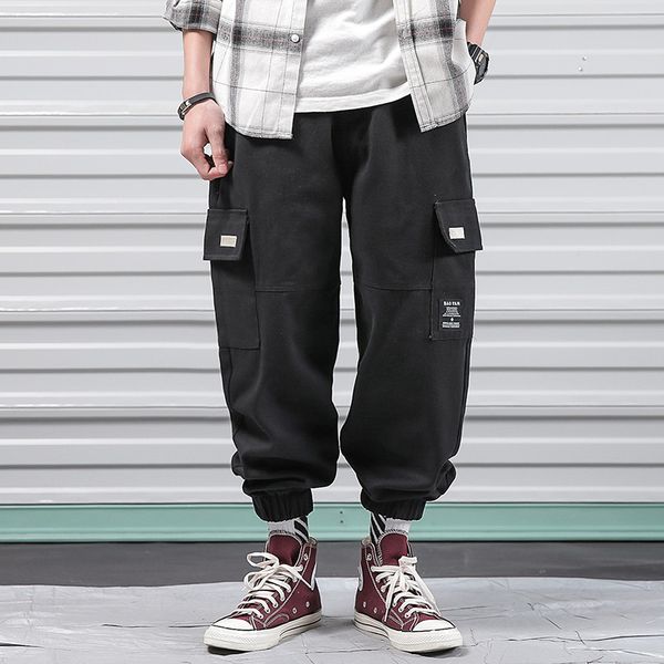 

men multi-pocket elastic waist design harem pants casual trousers joggers male cargo pants street punk loose hip hop black 5xl