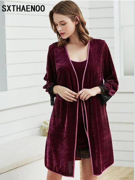 

women's sleepwear sxthaenoo velvet 2 pieces warm winter pajamas sets women robe kit sleeveless nightwear, Black;red