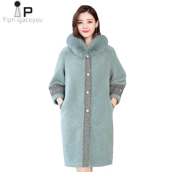 

fur collar hooded long faux fur jacket women winter plus size nine quarter sleeve warm coat sheep shear hair fake coat, Black