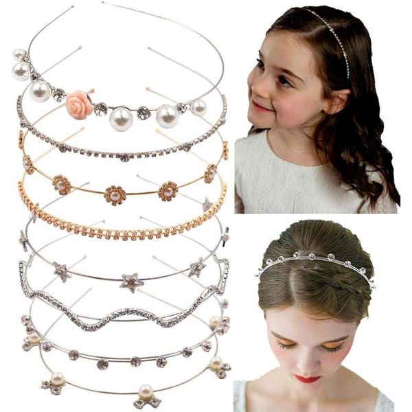 

8pcs crystal headband pearls flower hairbands jewelry rhinestone fashion headbands gold sliver metal headbands headdress for gir, Slivery;white