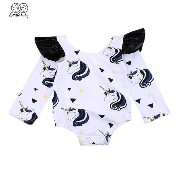 

lovely toddler newborn baby girls long sleeve bodysuit cotton soft cartoon unicorn printed clothing one piece jumpsuit outfits, Blue