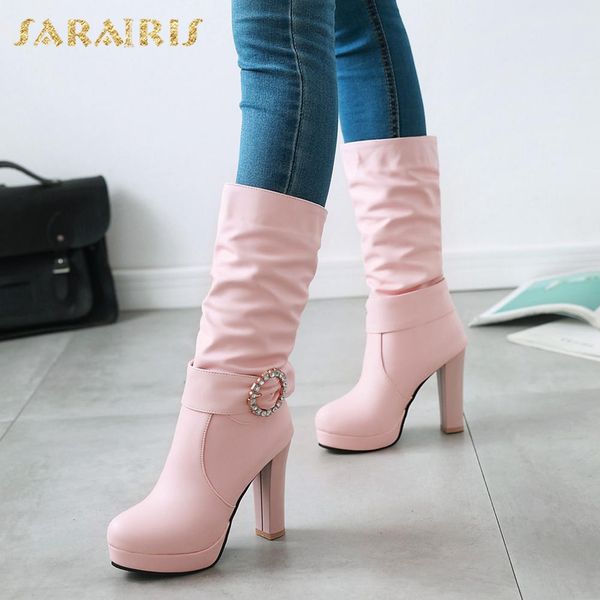 

sarairis metal decoration large size 32-43 slip on add fur winter boots woman shoes high heels mid-calf boots shoes woman, Black