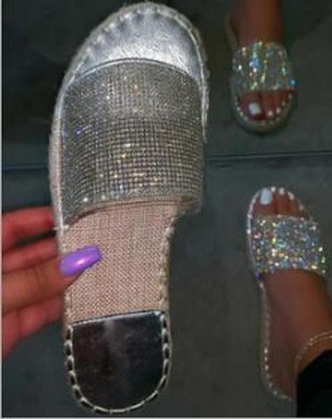 

women summer sandals flats plus size shoes woman shiny bling crystal deco slippers open toe sandalias mujer sapato feminino d228, Black