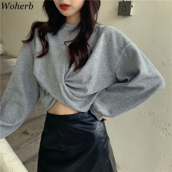 

woherb black long sleeve o neck crop women solid color cross sweatshirt hoodies female korean casual fashion new 91369