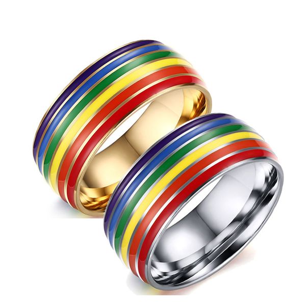 

lgbt rainbow stainless steel men's ring wholesale epoxy lgbtq accessories bisexual personalized zircon ring fashion jewelry, Silver