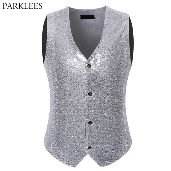 

mens paillette sequin glitter suit vest slim fit v neck male shiny sliver vests wedding groom dj bar stage singer waistcoat 2xl, Black;white