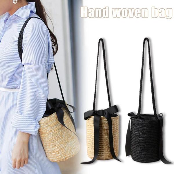 

bucket-shaped cute straw bag messenger bag knitted flower beach storage for straw tote fashion woven shoulder
