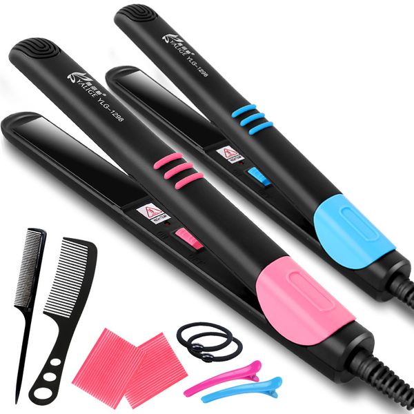 

mini hair curler straightener portable hair comb small perm straightener dual-use straightening curling iron styling tools, Black