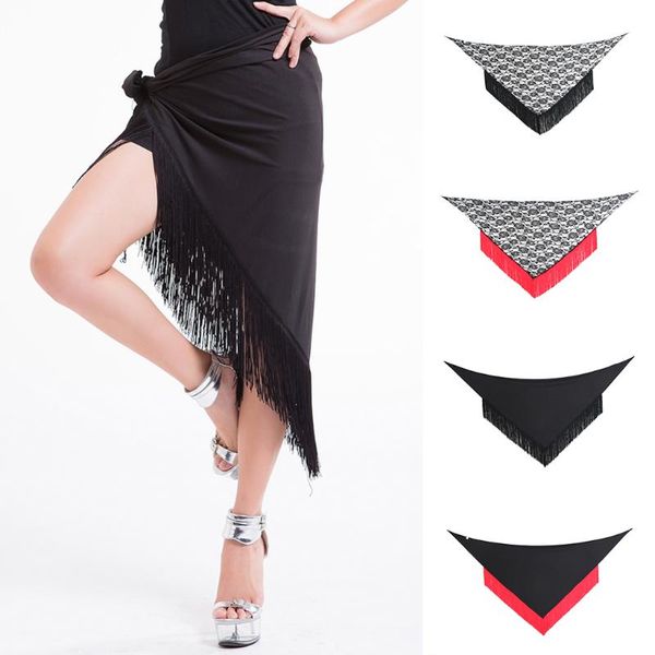 

belly dance tango cha cha tribal tassel lace triangle hip scarf wrap skirt, Black;red