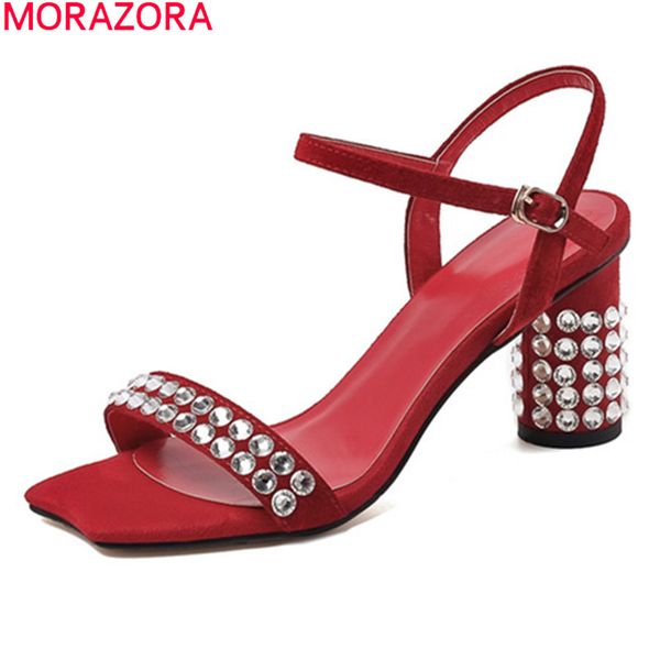 

morazora 2020 new arrival women snadals thick high heels square toe ladies shoes sheepskin summer party shoes, Black