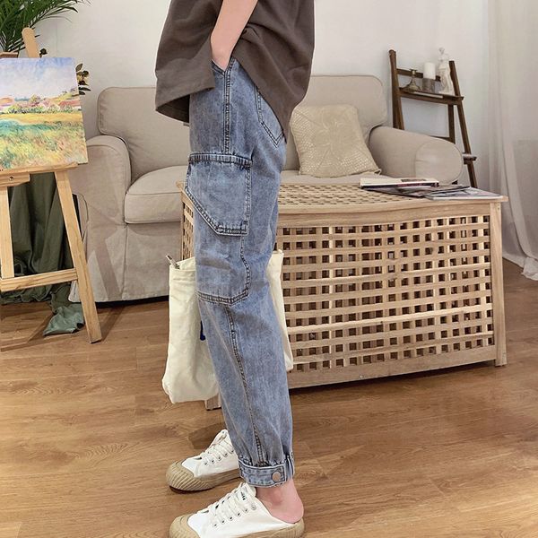 

bib overall women's autumn new style elastic waist loose-fit korean-style street fashion-jeans women's ninth pants ins high-wais, Blue