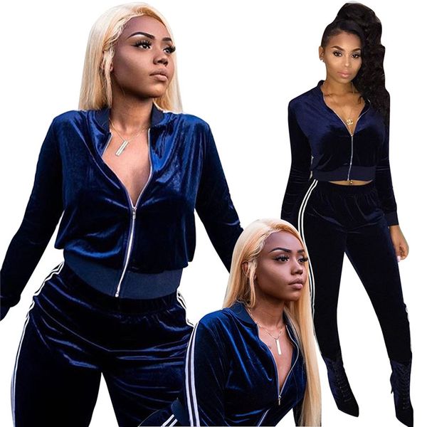 

2020 autumn velvet tracksuit women two piece set long sleeve zipper jacket + pant suit casual sweat suit women leisure, White