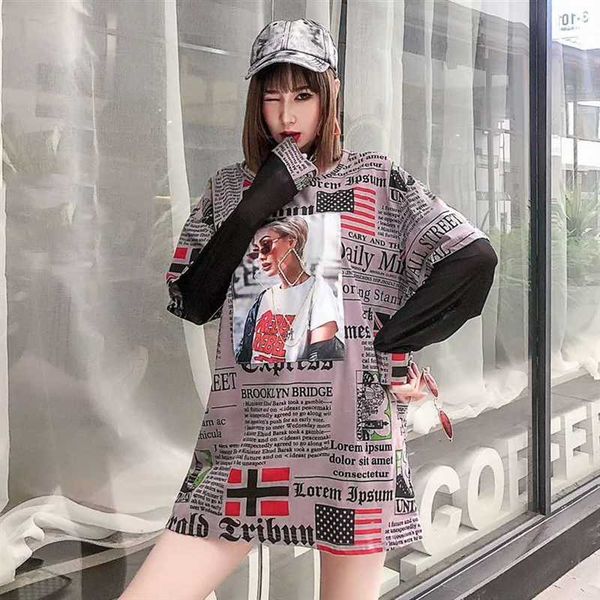 

2020 new summer women cotton o-neck long sleeve loose t-shirts female fashion street style printing stitching qx169, White