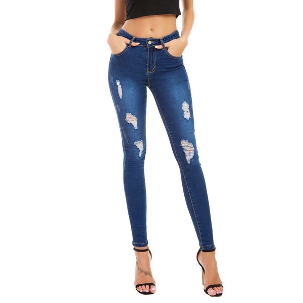 

boyfriend hole ripped jeans women cool vintage pencil denim jeans for girl high waist casual slim skinny plus size, Blue