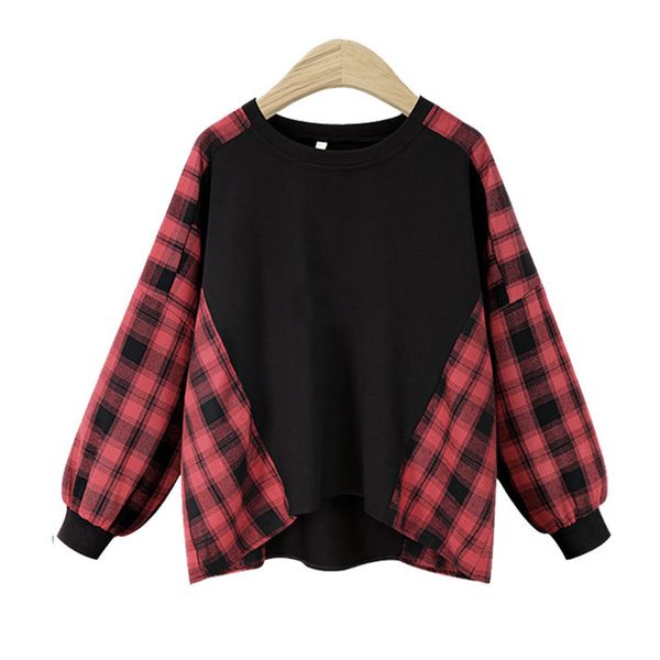 

women's t-shirt women casual long sleeve plus size loose plaid tee autumn winter batwing patchwork female t-shirts, White