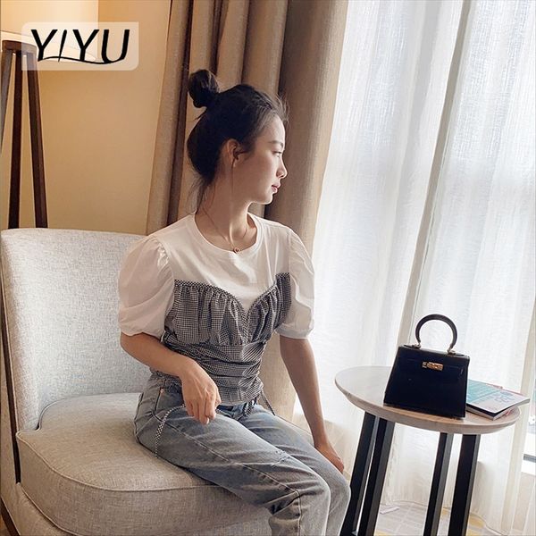 

stitching plaid fake two-piece t-shirt round collar bubble sleeve fresh sweet style short slim female t-shirt top, White
