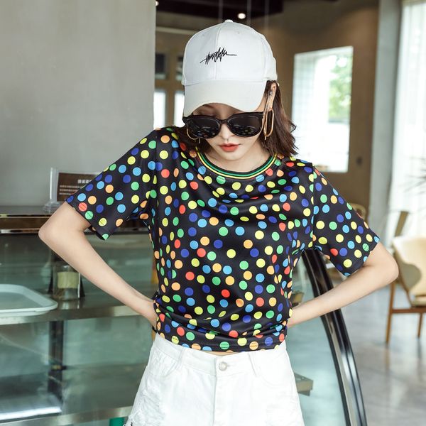 

2020 women t-shirts summer harajuku colorful dot printed t-shirt casual loose tees black t shirt female streetwear t083, White