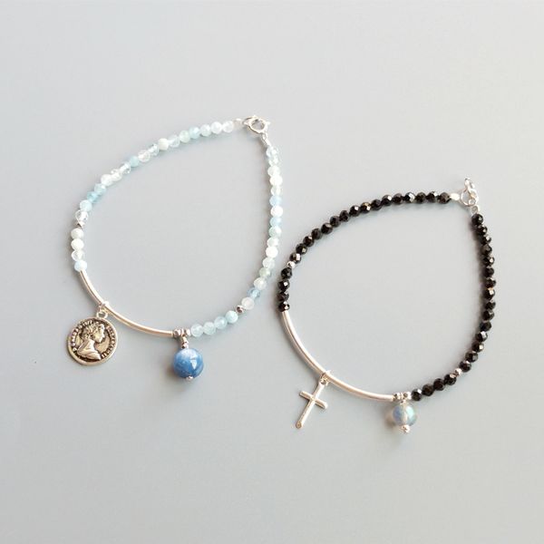 

lily jewelry aquamarines kyanite coin charm bracelet spinels labradorite cross charm bracelet s925 sterling silver dropshipping, Golden;silver