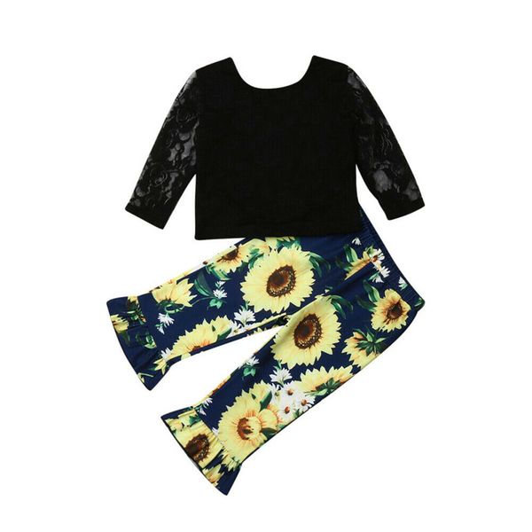

cute kids baby girls clothes long sleeve lace pullover geometry round neck backless sunflower print pants 2pc lovely outfit, White