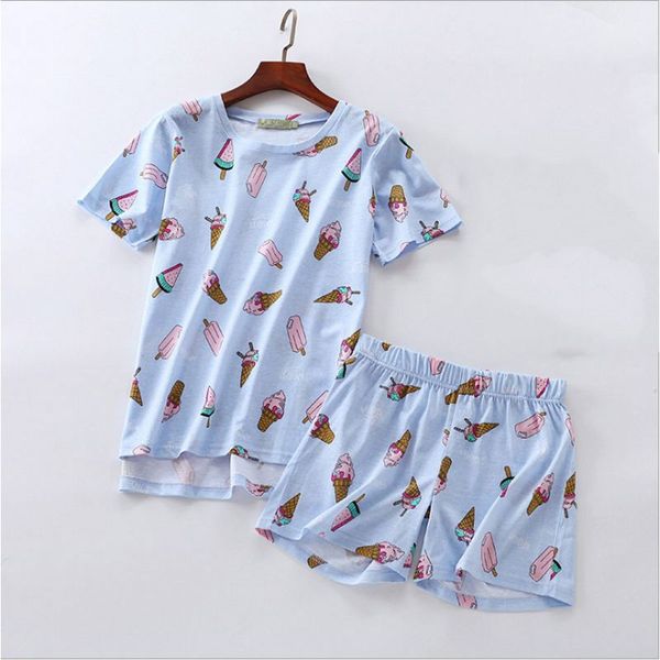 

2018 summer female casual cartoon pajama sets ladies cotton sleepwear suit women short sleeve o-neck collar t shirt & shorts xl, Blue;gray