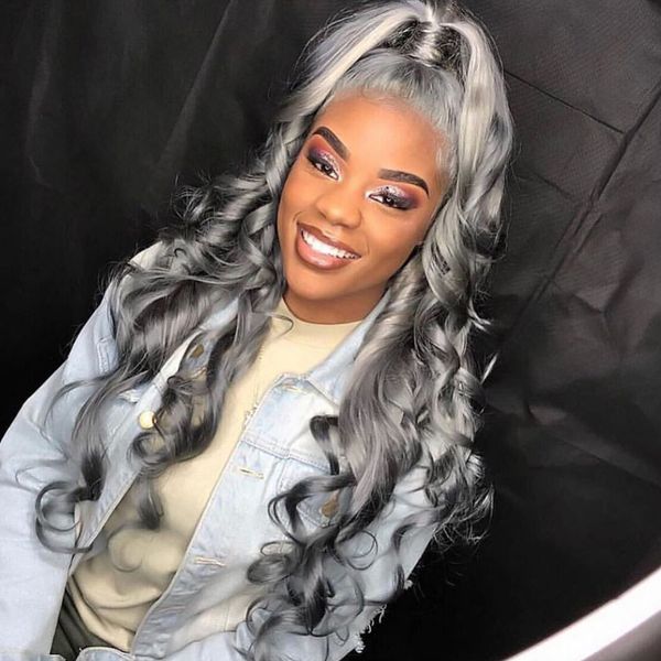 Dark Grey Human Hair Lace Front Wigs Black Women Wavy 130 Density