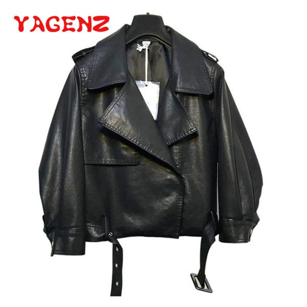 

yagenz fashion autumn black faux leather jackets women short coats zipper basic coat turn-down collar biker jacket with belt 410