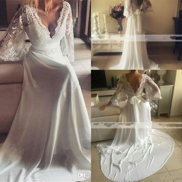 

bohemian wedding dresses deep v neck illusion lace applique backless long sleeve boho chiffon beach wedding dress bridal gown vestidos, White