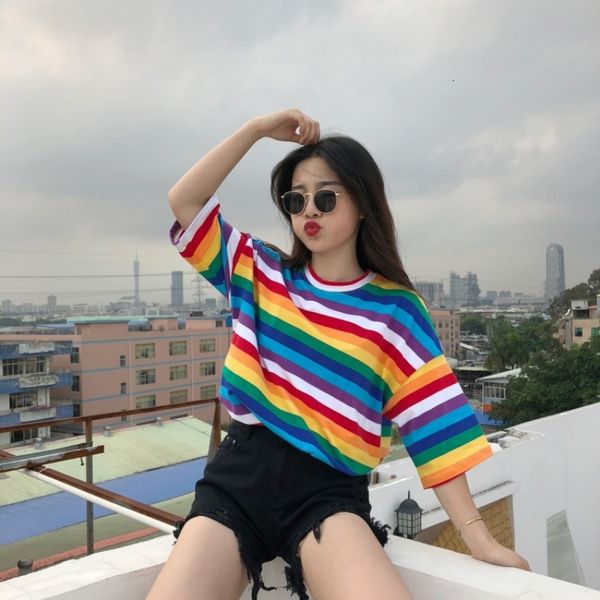 

womens woman shirt korean harajuku t shirt striped women rainbow striped tshirt 2019 summer short sleeve punk camiseta feminina, White