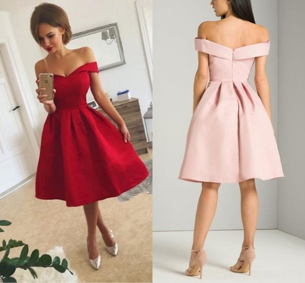 

simple red satin short prom dresses with ruffles off shoulder knee length short party dresses custom made short evening dresses, Black
