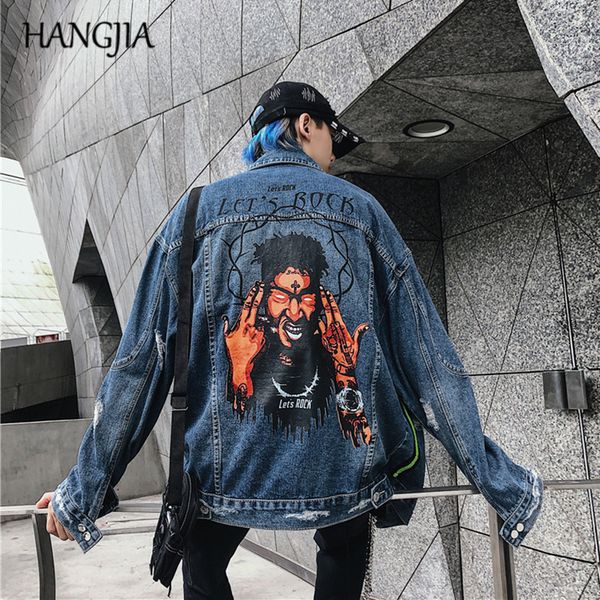 

mens ripped denim jacket streetwear funny spoof printed jackets and coats 2019 fashion zipper loose long sleeve clothes, Black;brown