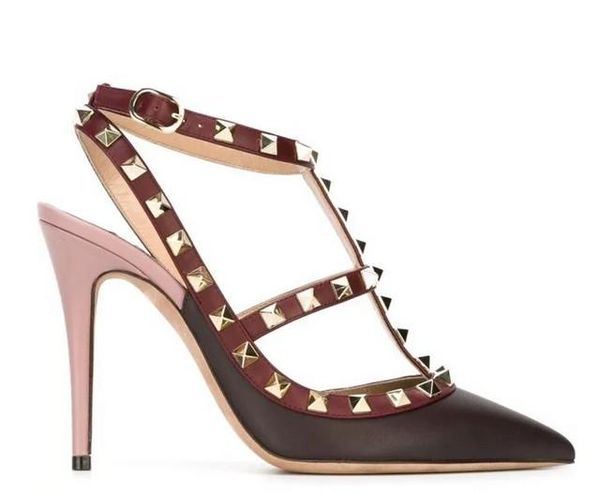 

fashionville* u562 34/40 genuine leather pointed stud heels flats sandals v pumps 7.5/10cm maroon burgundy, Black