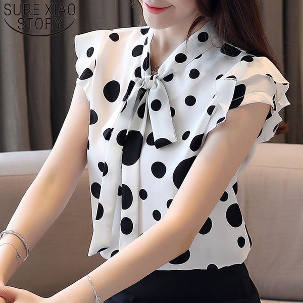 

2020 summer new fashion polka dot sweet flounced sleeve chiffon lady's shirt short sleeve elegant bow slim blouse women 8977 50, White