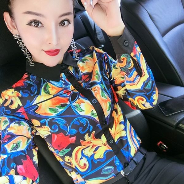 

luxury vintage baroque print shirts plus size women lantern sleeve lapel neck ladies designer blouses runway slim office button shirt, White