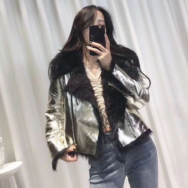 

luxury fashion women clothes winter tuscany double-faced fur natural real sheep fur coat genuine leather jacket silver parka, Black