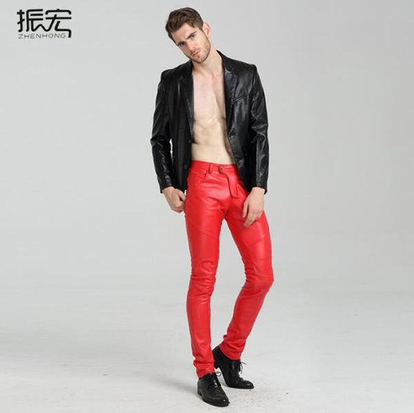 Herbst dünne Motorrad Kunstleder Hosen Herren Füße Hosen Mode rot weiß blau PU Hose für Männer Persönlichkeit Pantalon Homme