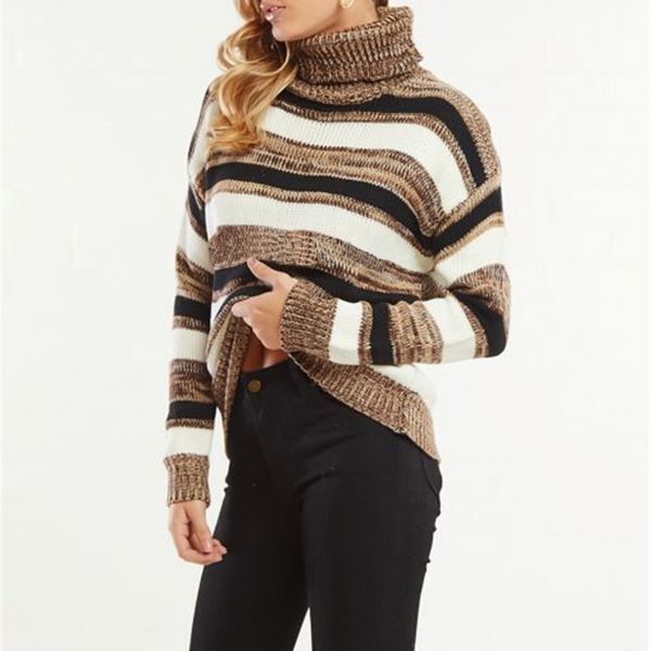 

stripe turtleneck pullover sweater for woman 2019 autumn winter casual loose knitted long sleeve jumpers female sweater, White;black