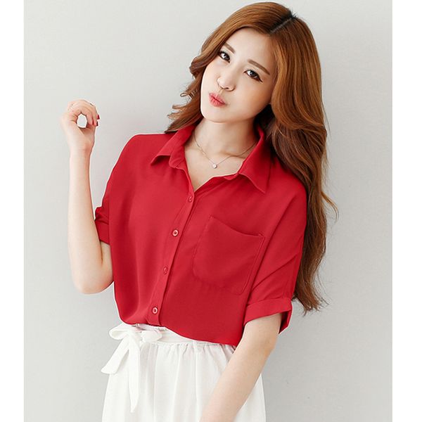 

new blouses chiffon sleeve bat fashion summer slim women chiffon shirt casual solid color short sleeve women brand shirts l, White