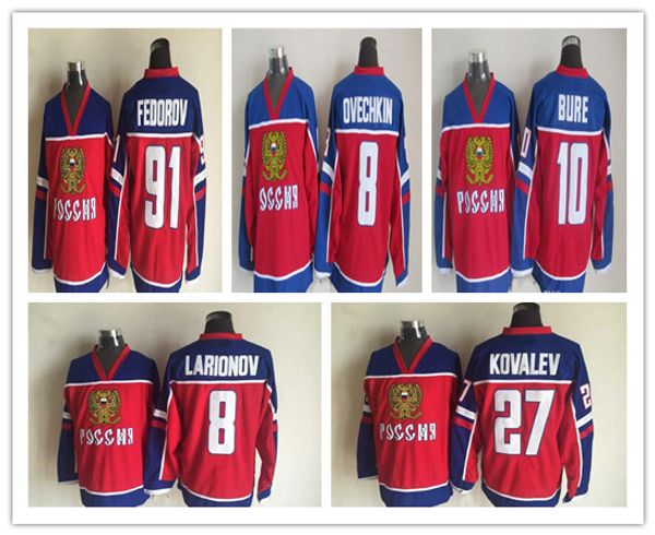 2002 Team Russia Hockey Jerseys Retro 8 ALEXANDER OVECHKIN 10 PAVEL BURE 91 SERGEI FEDOROV 27 ALEX KOVALEV 8 IGOR LARIONOV Vermelho