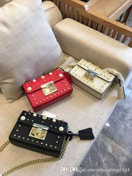 

wholesale genuine leather designer handbags tote girls women shoulder bags pearl chain rivets fashion leisure small party ing