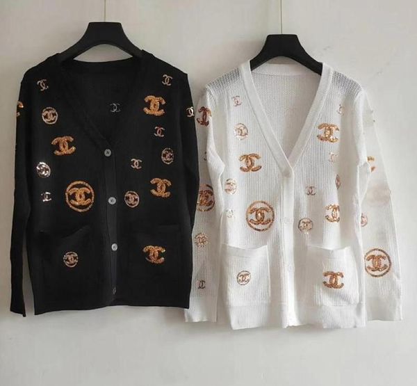 

milan runway sweater 2019 v-neck long sleeve sequins high end letter jacquard cardigan women designer sweater, White