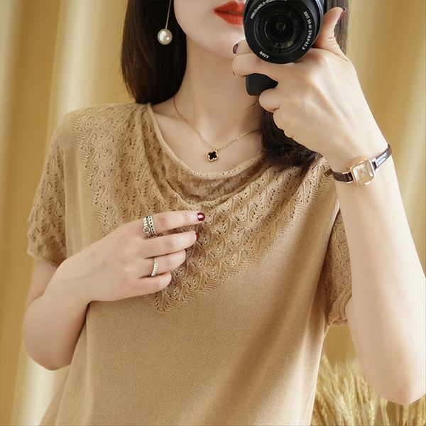 

2020 полого хлопок футболки куртки хлопок футболка женской v-образный вырез с коротким рукавом трикотажной повседневный свободные тонким баз, White