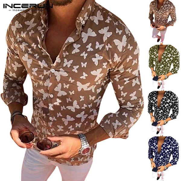 

incerun mens hawaiian shirt printing fashion long sleeve lapel collar camisa streetwear vacation fitness brand shirts dress men, White;black