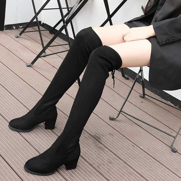 

fashion 2019 autumn winter boots flock women snow boots over the knee high heels shoes warm fur boot women's shoes, Black