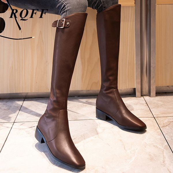 

black new autumn winter knee-high boots women plus big size 10 12 fashion block med heels shoes woman solid pu brown boot buckle