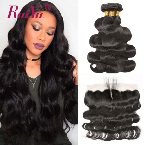 

объемная волна связка с фронтальным pre щипковых lace фронтального закрытие с 3 связкой ruiyu бразильском перуанских малазийского remy human, Black