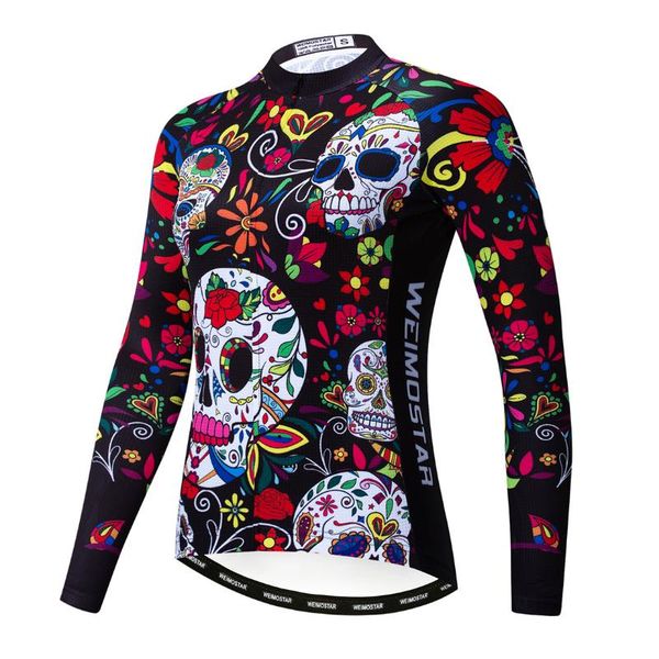 

2020 cycling jersey long sleeve women bike jersey road mtb bicycle shirts mountain road maillot racing blouse skull fall white, Black;red