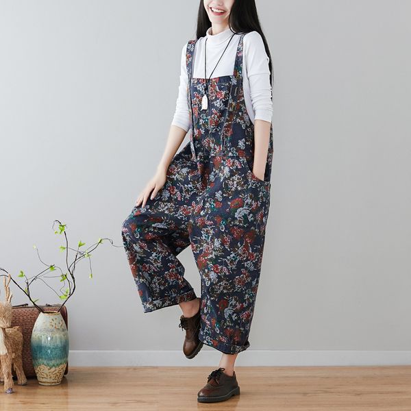 

женщины падение промежность жан комбинезон цветочный принт ремень нагрудник джинсовые брюки негабаритных широкие ноги джинсовые комбинезоны, Black;white